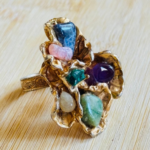Brutalist Modernist Brutalist Brass Cocktail Ring multi stone chunky Sz8 MCM 70s